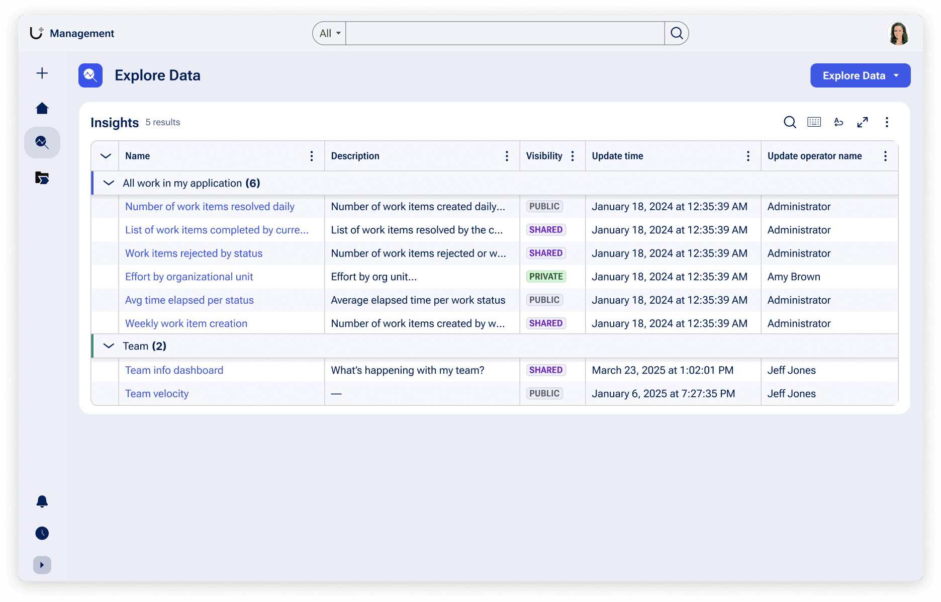 Explore Data page within the design system