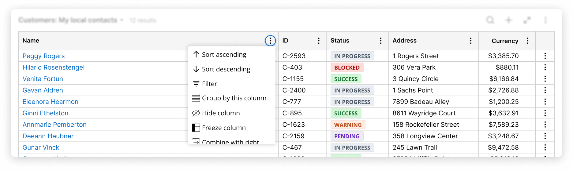Table showing column actions