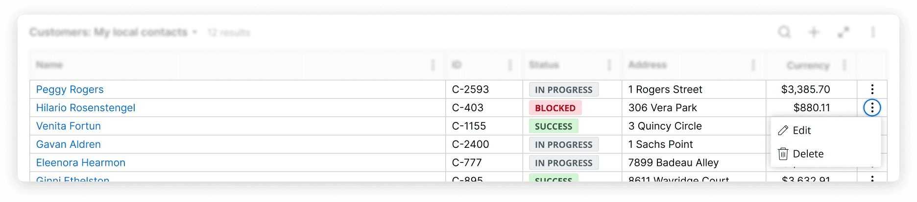 Table showing row actions